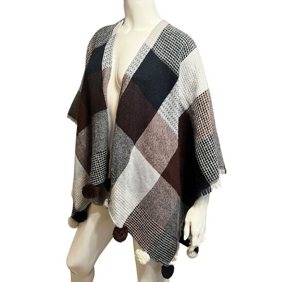 Plaid Knit Poncho Sweater Black Brown Cream Gray by LOFT OS - Picture 5 of 7